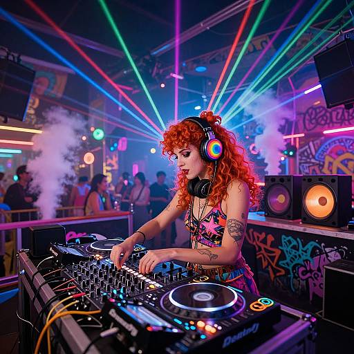 Photograph of a red-haired DJ with curly hair, colorful headphones, and tattoos, mixing music in a vibrant, neon-lit club with colorful laser