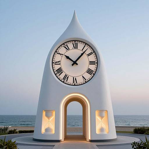 Photograph of a white, conical clock tower with a large Roman numeral clock face, arched doorway, and illuminated side panels, set against a
