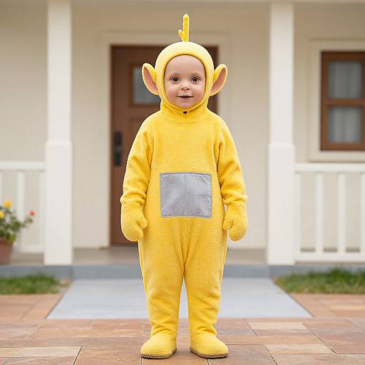 Photograph of a smiling baby in a yellow, fuzzy, monkey onesie with ears and tail, standing on a porch.