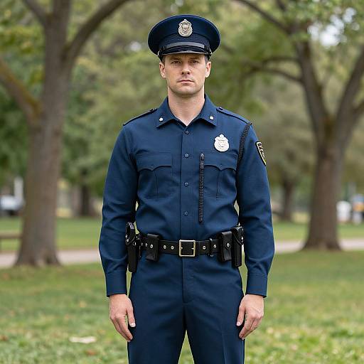 Photograph of a serious-looking male police officer in navy uniform with badge, hat, and belt, standing in a park with trees.