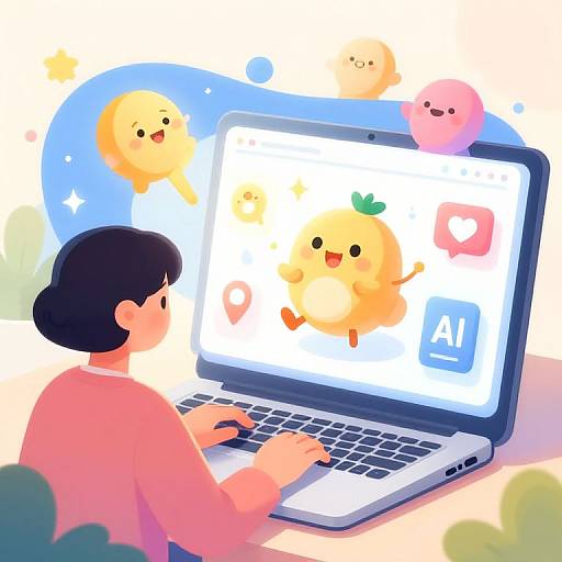 Digital illustration of a person with black hair in a pink shirt typing on a laptop, surrounded by cute, cartoon fruit characters on the screen. Bright,