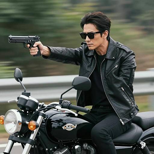 Intense Rider in Motion with Firearm