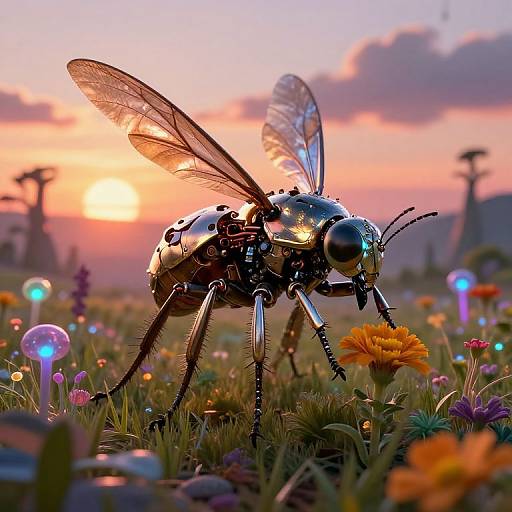 Digital artwork of a metallic, insect-like robot with translucent wings, standing in a vibrant, glowing flower field at sunset.