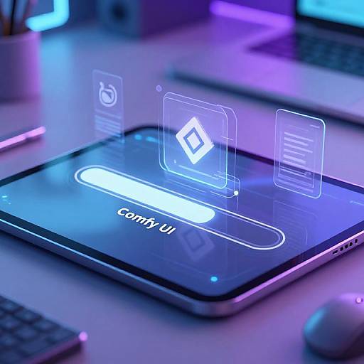 Photograph of a tablet displaying a login interface with glowing blue interface elements, set on a blurred, neon-lit desk.