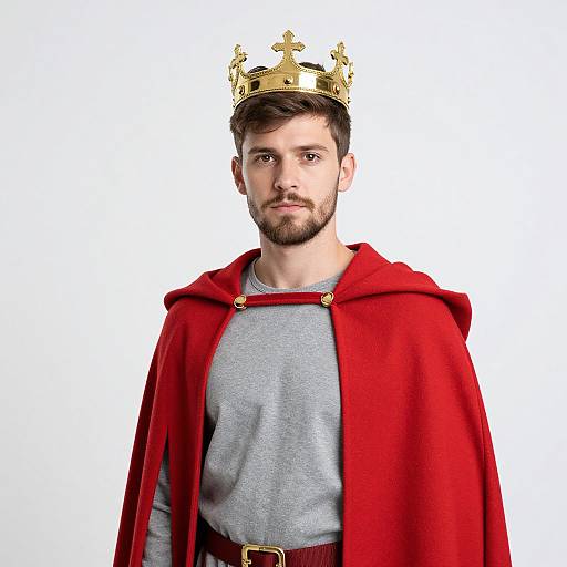 Photograph of a bearded man with short brown hair wearing a gold crown, red cape, and gray shirt, against a white background.