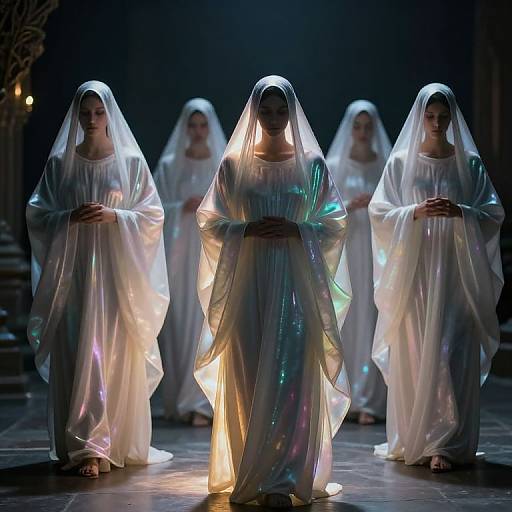 Photograph of five women in glowing, translucent white veils and dresses, standing in a dimly lit, dark stage setting.