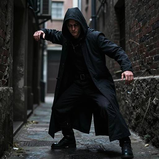 Photograph of a rugged, hooded man in a long black coat, crouched in a narrow, dimly-lit, wet alleyway