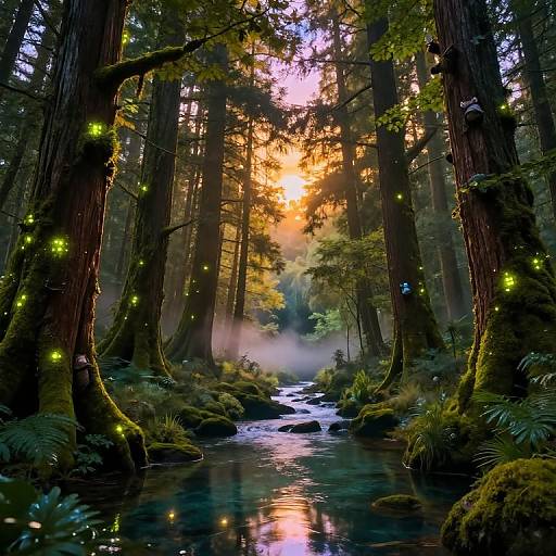 Photograph of a magical forest at sunset, with glowing fireflies, misty creek, lush moss, tall redwoods, and vibrant, colorful sky