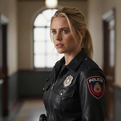 Concerned Blonde Officer in Dim Hallway