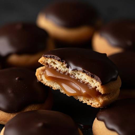 Close-up photograph of a chocolate-covered cookie with a bite taken, revealing a caramel filling, surrounded by blurred, similarly coated cookies.