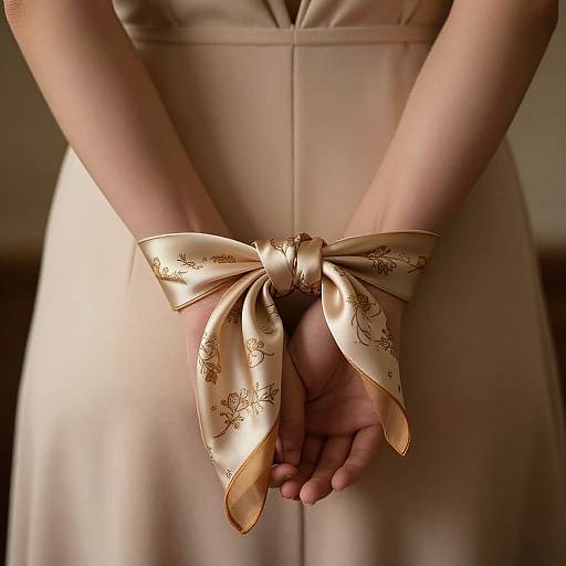 Photograph of a woman's back, hands clasped behind, wearing a cream dress with a large, gold floral satin bow tied at the waist.