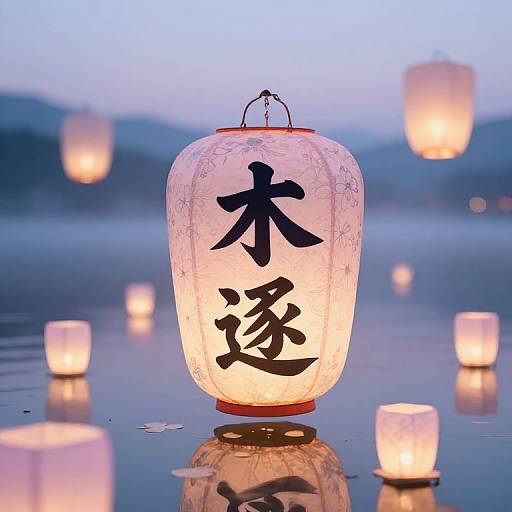 Photograph of a glowing Japanese paper lantern with black kanji characters, floating on a calm lake surrounded by other lanterns.