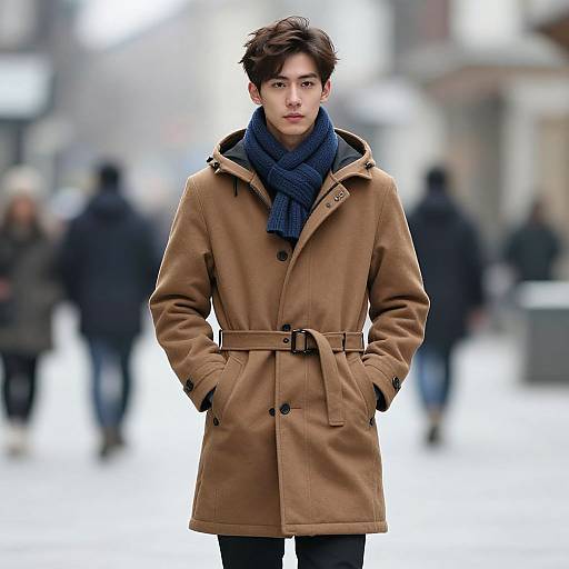 Photograph of a young man with dark hair, wearing a tan coat, blue scarf, and black pants, standing in a snowy urban background with blurred