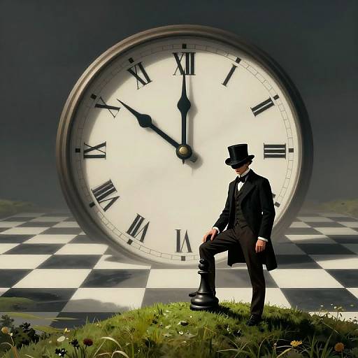 A digitally rendered image of a Victorian man in a black suit and top hat, seated on grass, in front of a giant clock with Roman numerals