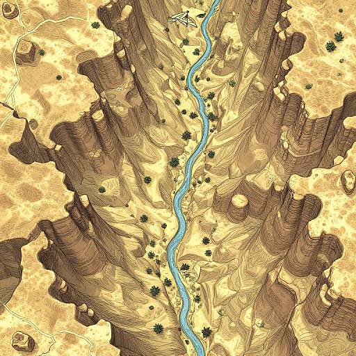 Top-down digital drawing of a winding blue river through a rugged, sandy canyon landscape with scattered trees and detailed rock formations.