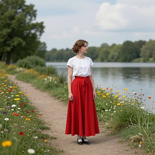 Photograph of a young woman with short brown hair, wearing a white t-shirt and long red skirt, standing on a flower-lined path beside a serene