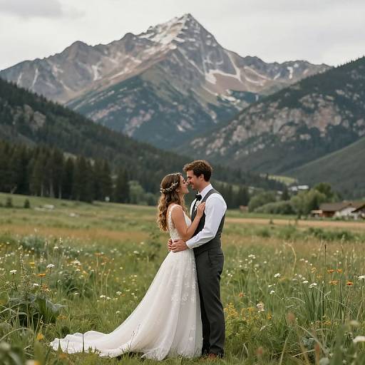 Photograph of a couple in wedding attire standing in a grassy meadow, embracing, with snow-capped mountains in the background.