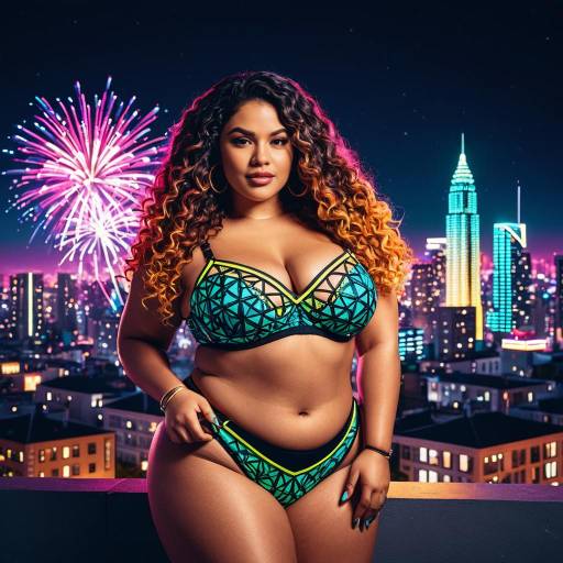 Confident Plus-Size Woman in Neon Lingerie at Night