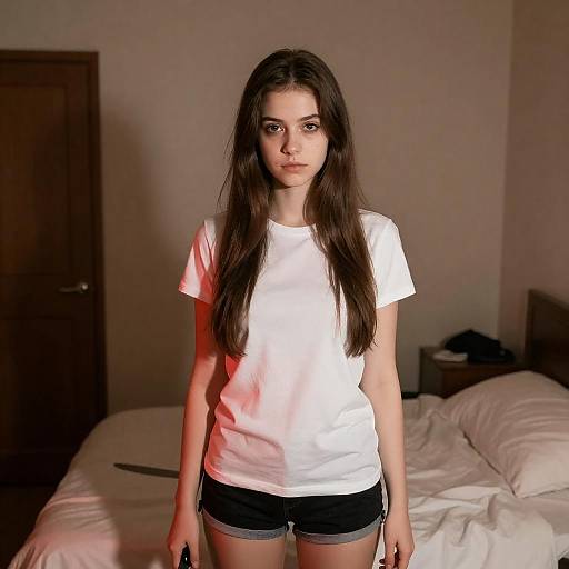 Mysterious Woman in Dimly Lit Bedroom