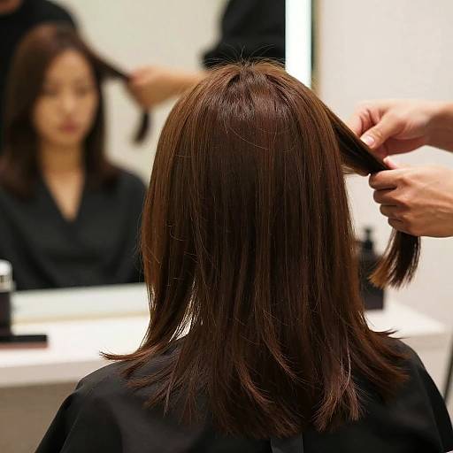 Photograph of a woman with straight, dark brown hair receiving a trim in a modern salon, viewed from behind, hands gently pulling hair.