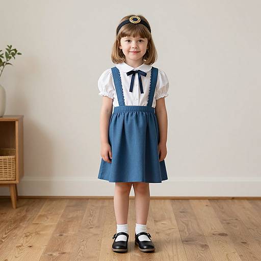 Photograph of a young girl with light brown hair, wearing a navy blue dress, white blouse with black bow, and black Mary Jane shoes, standing