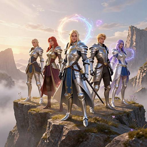 Five armored female warriors with diverse hair colors stand on a rocky cliff, glowing magic circles behind them, in a fantasy landscape. Digital art.