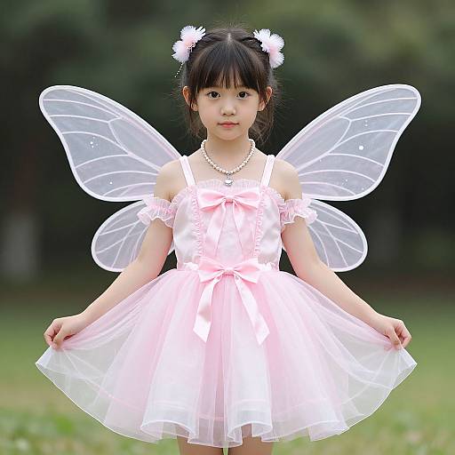 Photograph of an Asian girl in a pink, off-shoulder, tulle dress with transparent fairy wings and hair accessories, standing in a grass