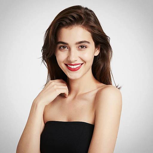 Smiling Woman in Black Strapless Dress