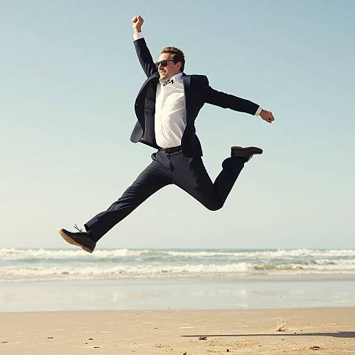 Photograph of a smiling man in a black suit, white shirt, and sunglasses, jumping joyfully on a sunny beach with waves in the background.