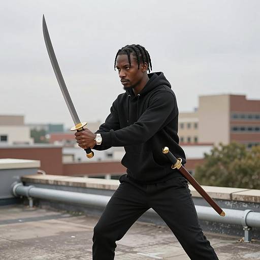 Black Man Holding Curved Sword on Rooftop