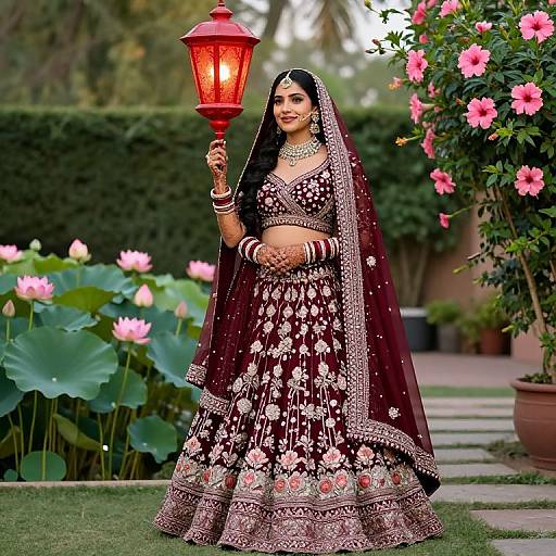 Photograph of a South Asian woman in a maroon, gold-embroidered lehenga and veil, holding a red lantern, standing in a