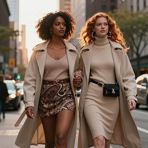 Stylish Women Walking in City at Sunset