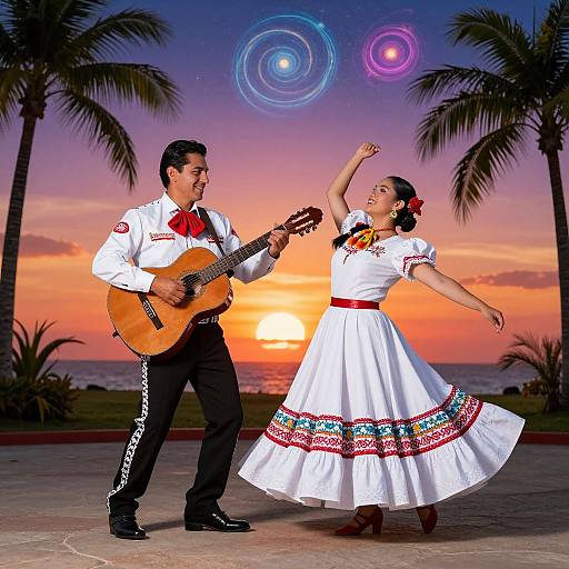 Photograph: Mexican couple dancing at sunset, man playing guitar, woman in white dress with colorful embroidery, palm trees, vibrant sky, glowing rings.
