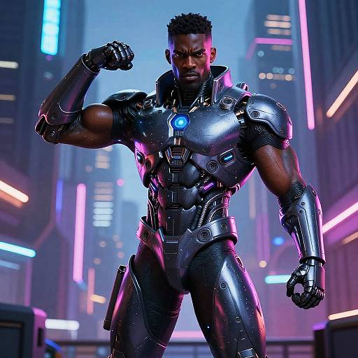 CGI image of a muscular Black man in a sleek, black, glowing cybernetic suit flexing his arm in a neon-lit futuristic city