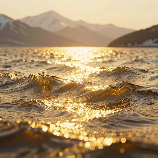 Golden Sparkling Ocean with Snowy Mountains