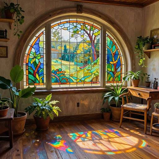 Bright, colorful stained glass window casting vibrant light on wooden floor; surrounded by potted plants in cozy, rustic room.