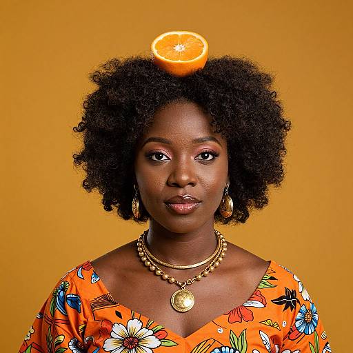 Photograph of a dark-skinned woman with natural afro, wearing a vibrant orange floral dress, gold necklace, and earrings, with an orange slice