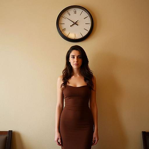 Photograph of a young woman with long dark hair in a brown, strapless, form-fitting dress, standing in front of a beige wall with