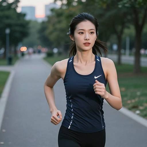 Photograph of an Asian woman with dark hair in a black Nike sports tank top and black pants, running on a tree-lined urban path during dusk.