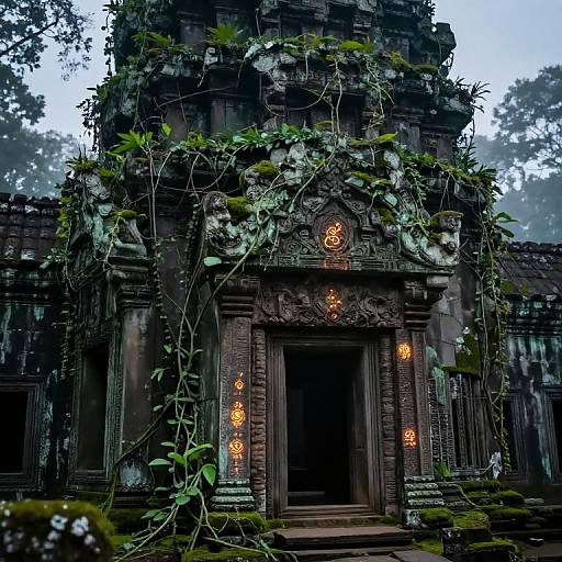 Photograph of an ancient, moss-covered stone temple with intricate carvings, vines climbing its facade, and glowing orange lanterns illuminating the dark
