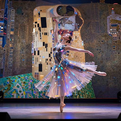 Photograph of a ballerina in a shimmering, multicolored dress performing en pointe on stage, with a vibrant, mosaic-patterned