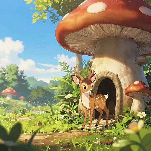 Anime Fawn in Magical Mushroom Home