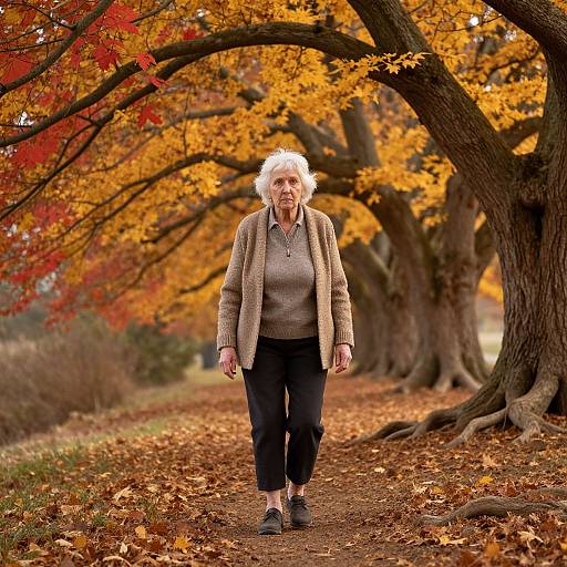 Elderly woman with white hair, wearing gray sweater and black pants, walks on autumn path lined with vibrant orange-red trees. Photograph.