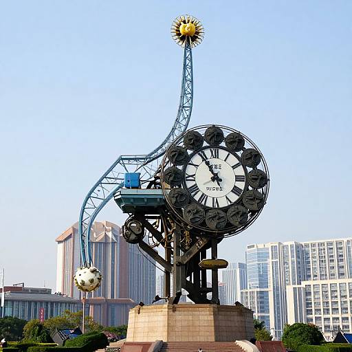 Photograph of a large, ornate clock sculpture with a sunburst top, set against a cityscape of skyscrapers on a clear day.