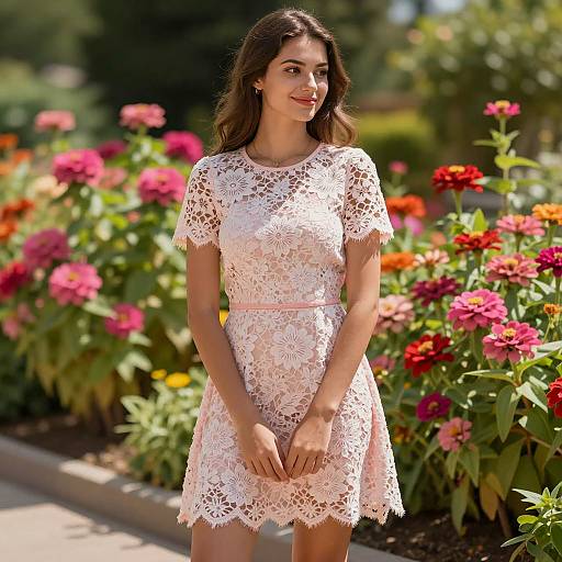 Young Woman in Floral Lace Mini Dress in Garden