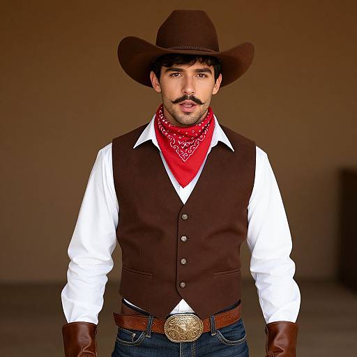 Photograph of a man with a mustache, brown cowboy hat, red bandana, white shirt, brown vest, blue jeans, and leather gloves