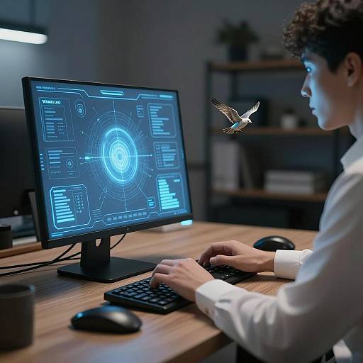 Futuristic Typing in Dimly Lit Room