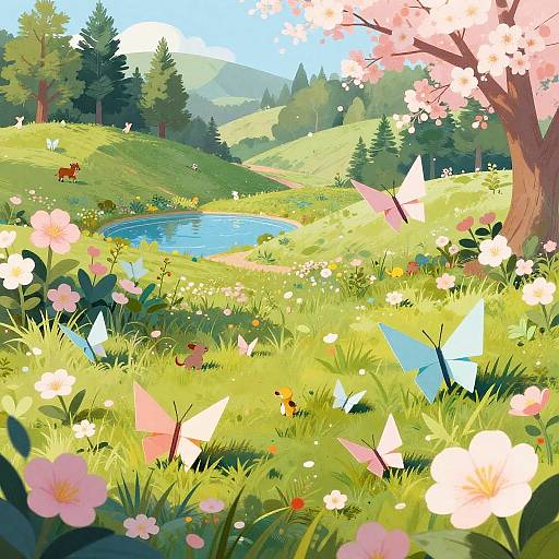 Vibrant digital painting of a sunny meadow with pink cherry blossoms, colorful butterflies, a small pond, and a distant red deer.