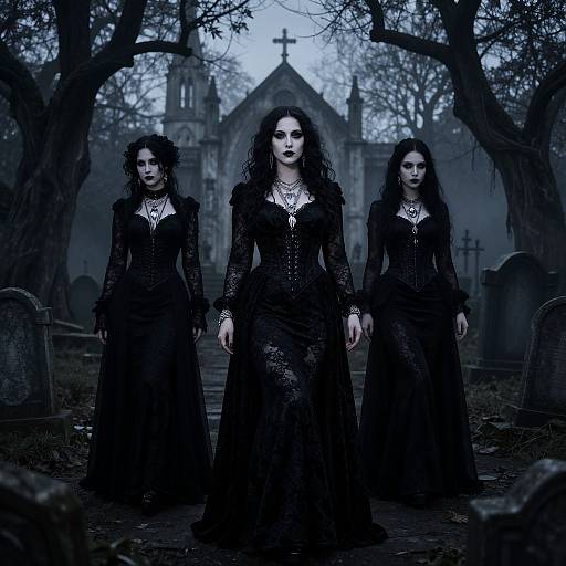 Curvy Goth Women in Misty Graveyard
