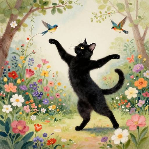 Digital illustration of a black cat with raised paws, playfully reaching for two colorful birds in a vibrant, sunlit garden filled with blooming flowers